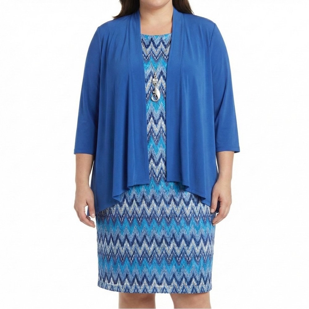 R&M Richards Blue Chevron Dress Attached Jacket Cardigan Removable Necklace 14